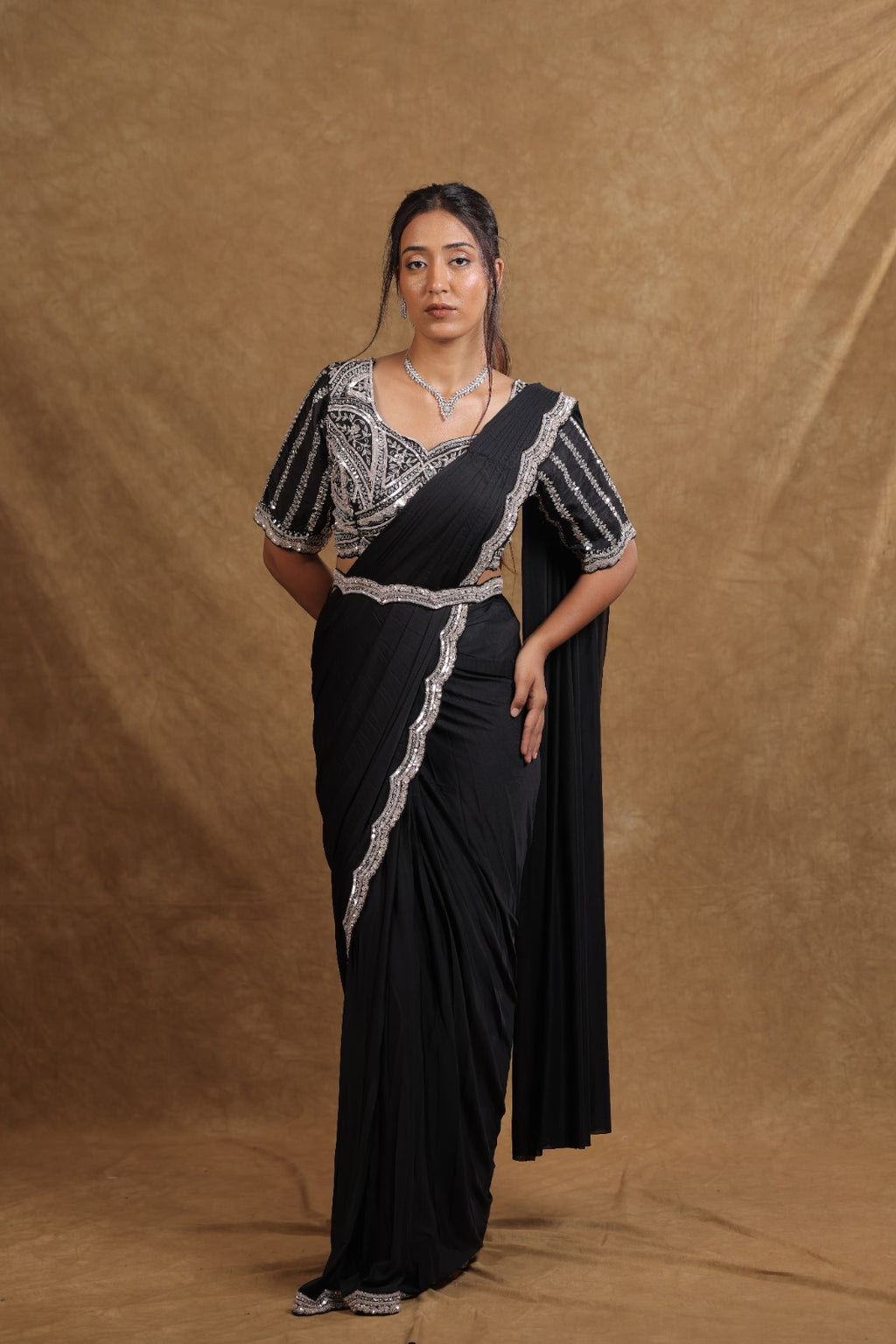 BLACK READY TO WEAR SAREE BY VEEVAANX