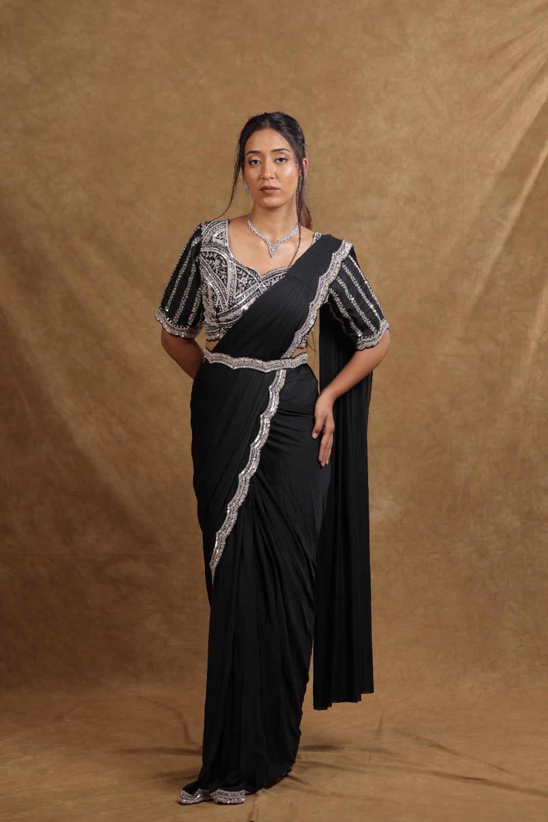 BLACK READY TO WEAR SAREE BY VEEVAANX