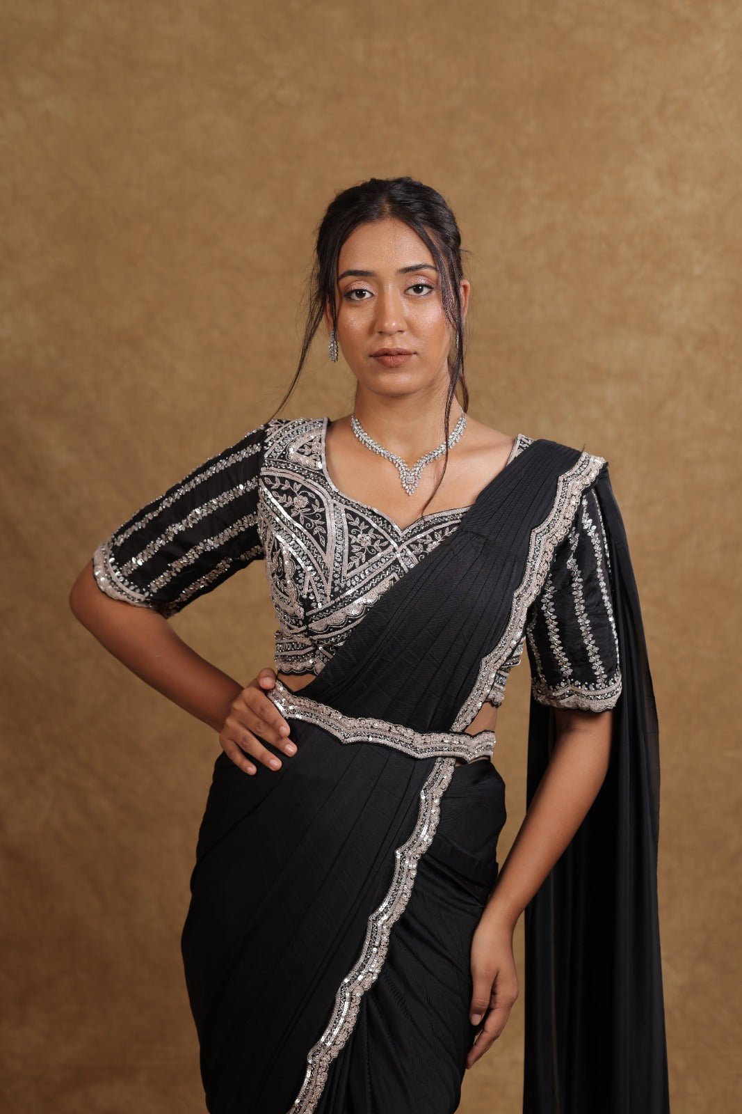 BLACK READY TO WEAR SAREE BY VEEVAANX
