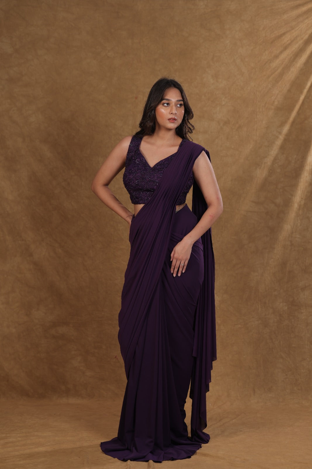 Purple Lycra Threadwork Beaded READY TO WEAR SAREE BY VEEVAANX