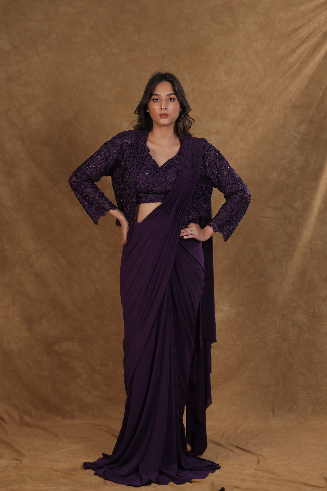 Purple Lycra Threadwork Beaded READY TO WEAR SAREE BY VEEVAANX