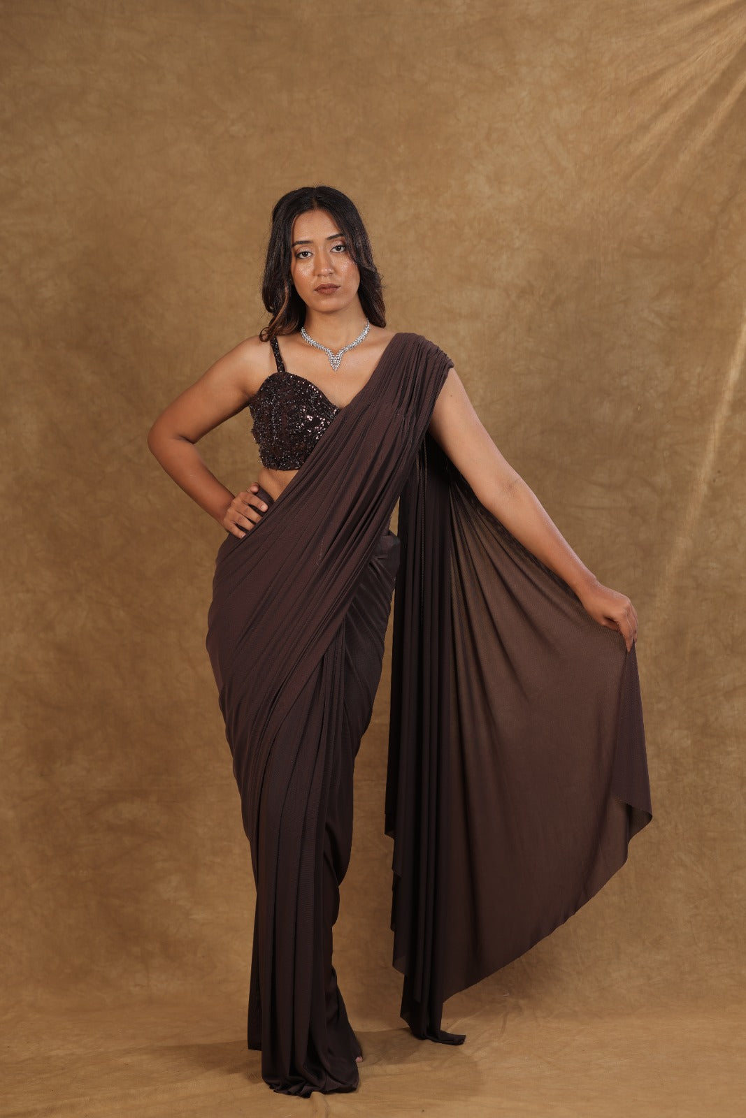 Coffee Brown Netted Pearl Saree