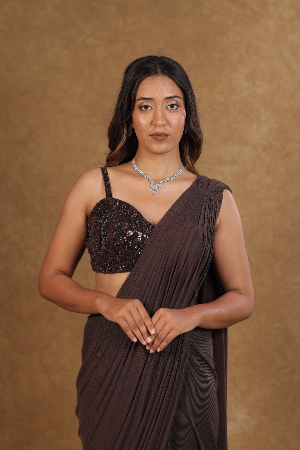 Coffee Brown Netted Pearl Saree