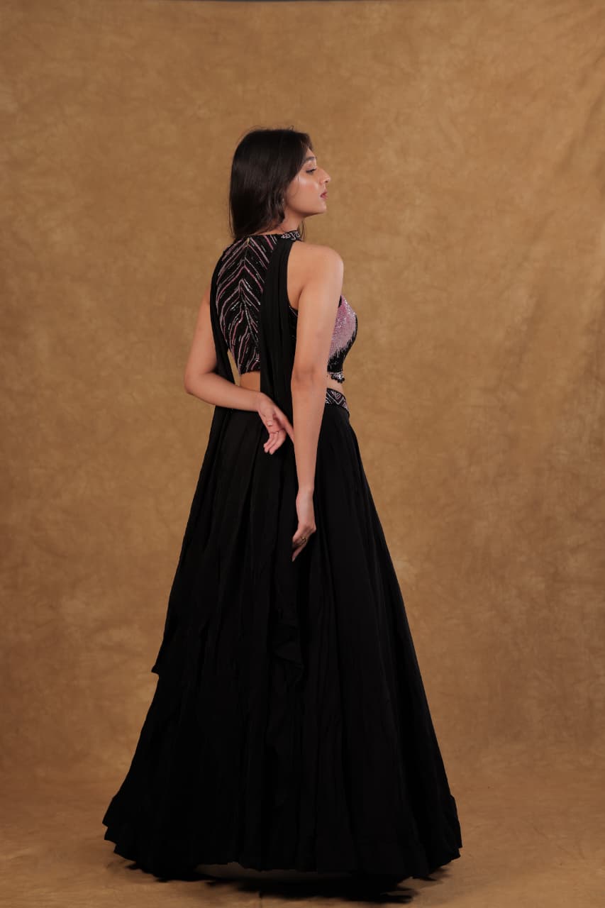 Pink Black Crepe Chiffon Lehenga with Sequence & Pearl Work