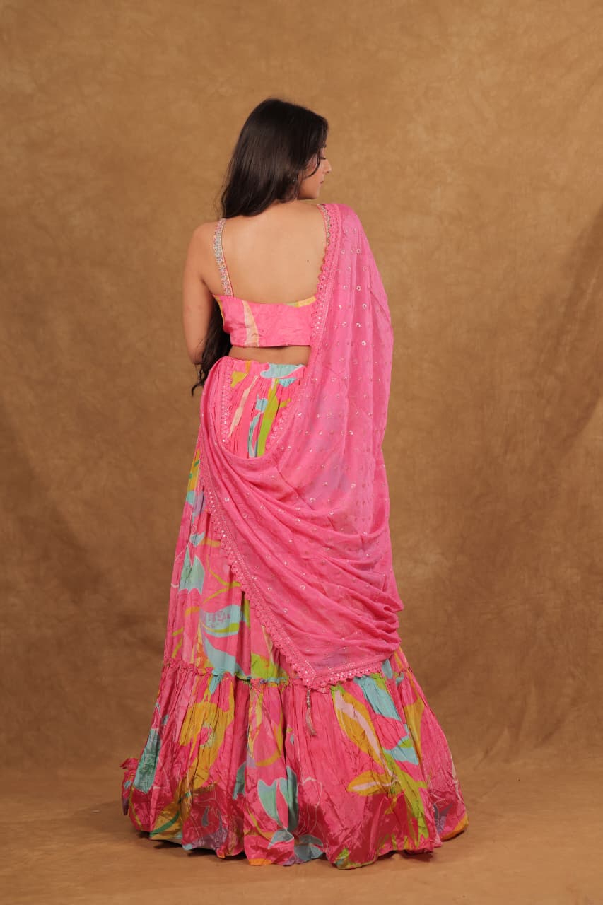 Italian Crepe Floral Print Choli Suit with Pearl Work