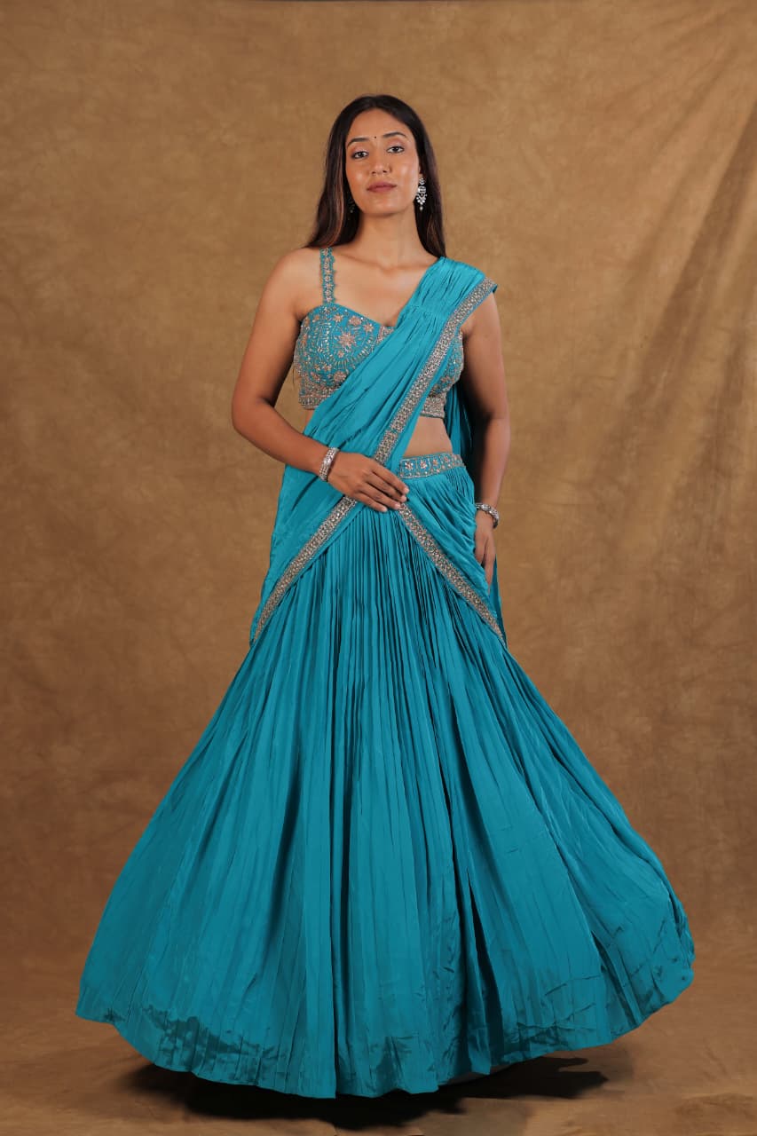 Turkish Blue Crepe Choli Suit with Zardoshi Work