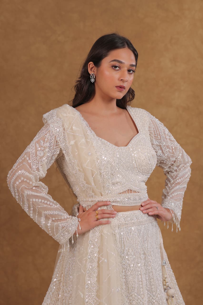 White A-Line Netted Choli Suit with Pearl Work