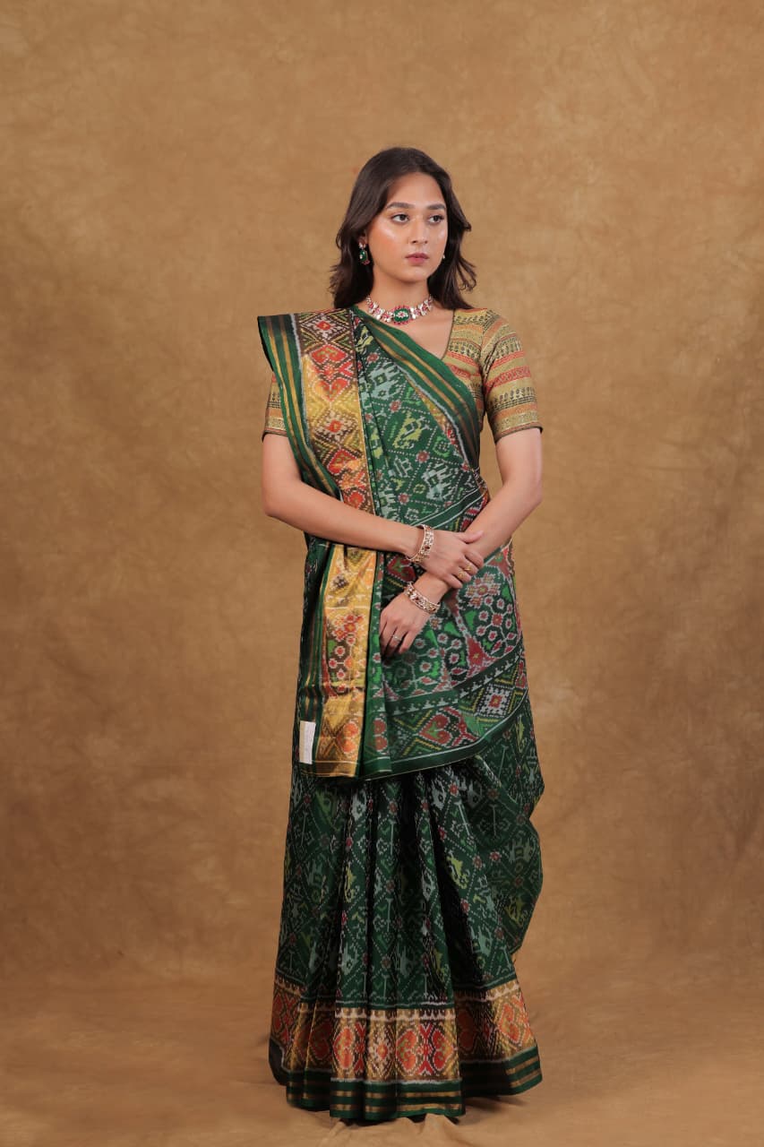 Bottle Green Rajkoti Patola Narikunj Silk Saree
