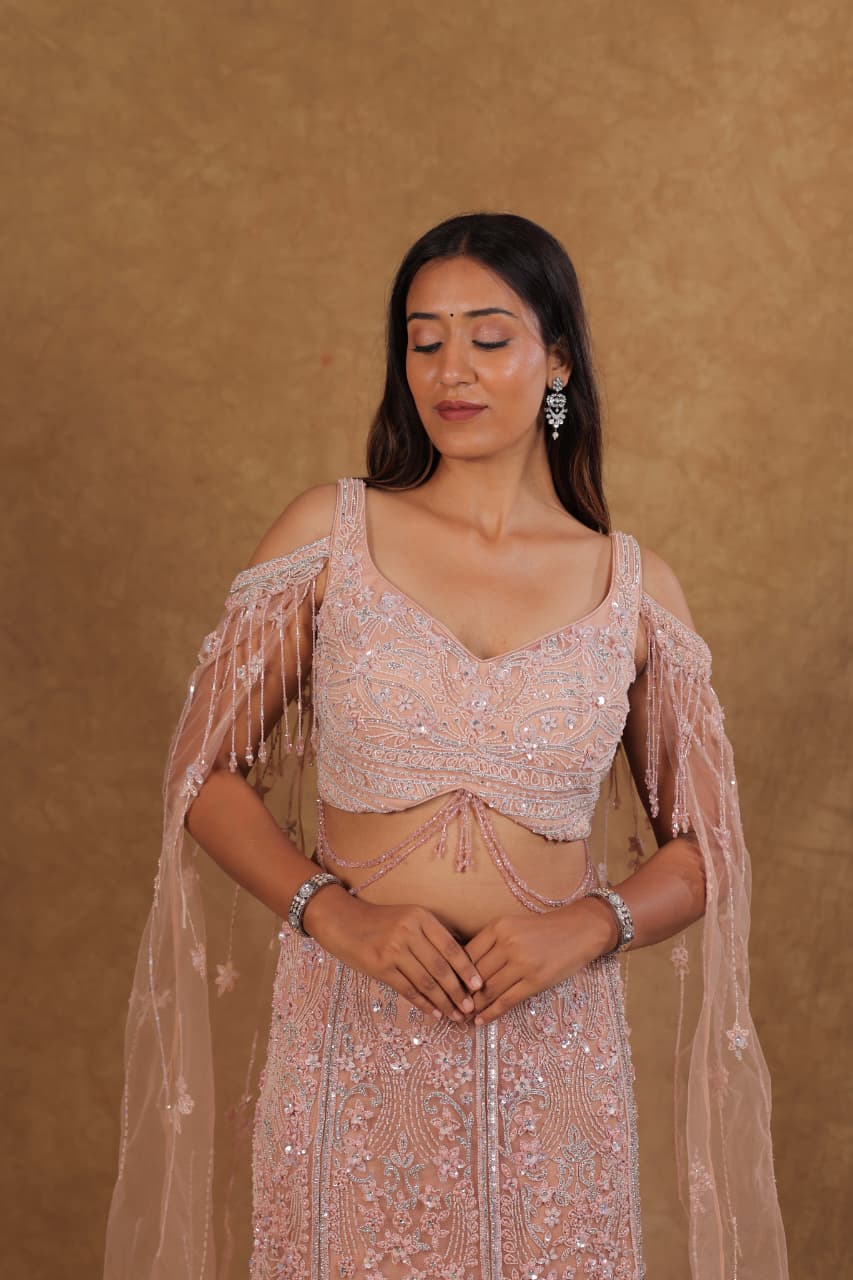 Peach Mermaid Cut Netted Choli suit with Pearl & Beads Work