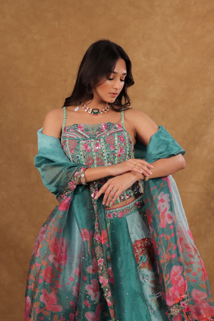 Rama Green Organza Corset Blouse with Printed Chaniya and Dupatta