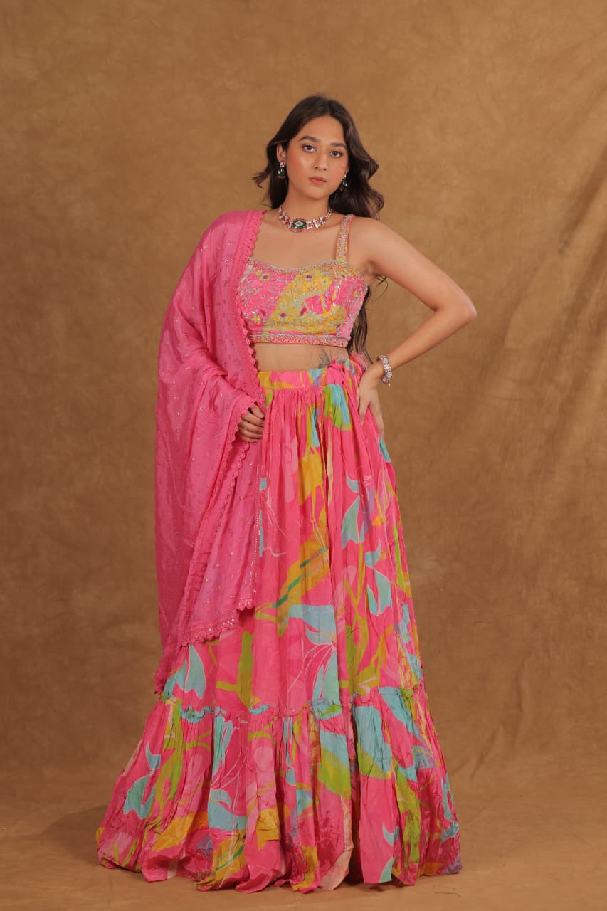Italian Crepe Floral Print Choli Suit with Pearl Work