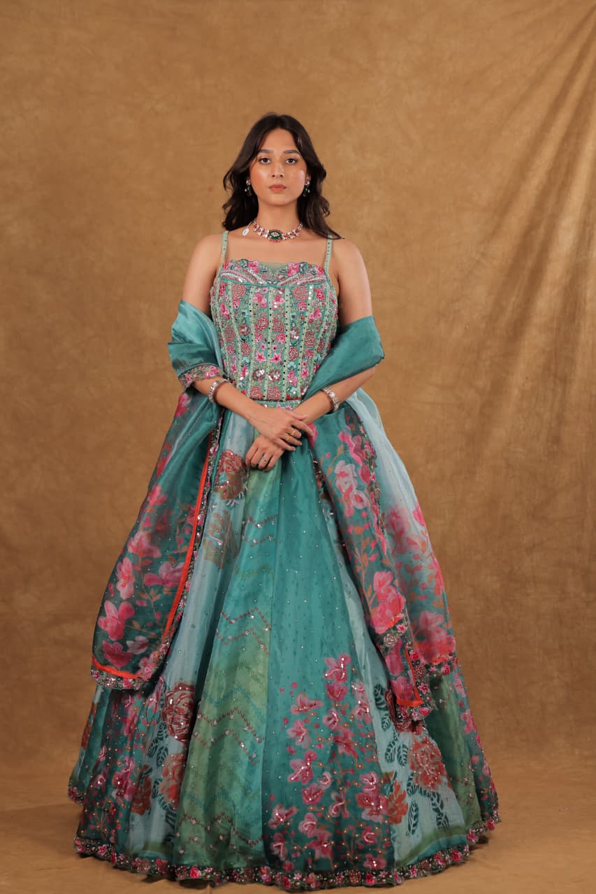 Rama Green Organza Corset Blouse with Printed Chaniya and Dupatta