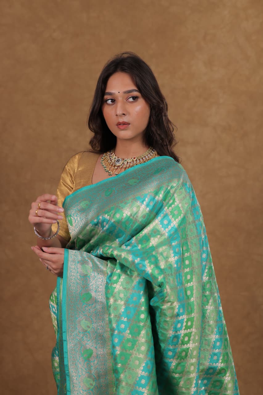 Pista Sea Green Banarasi Rankat Silk Saree
