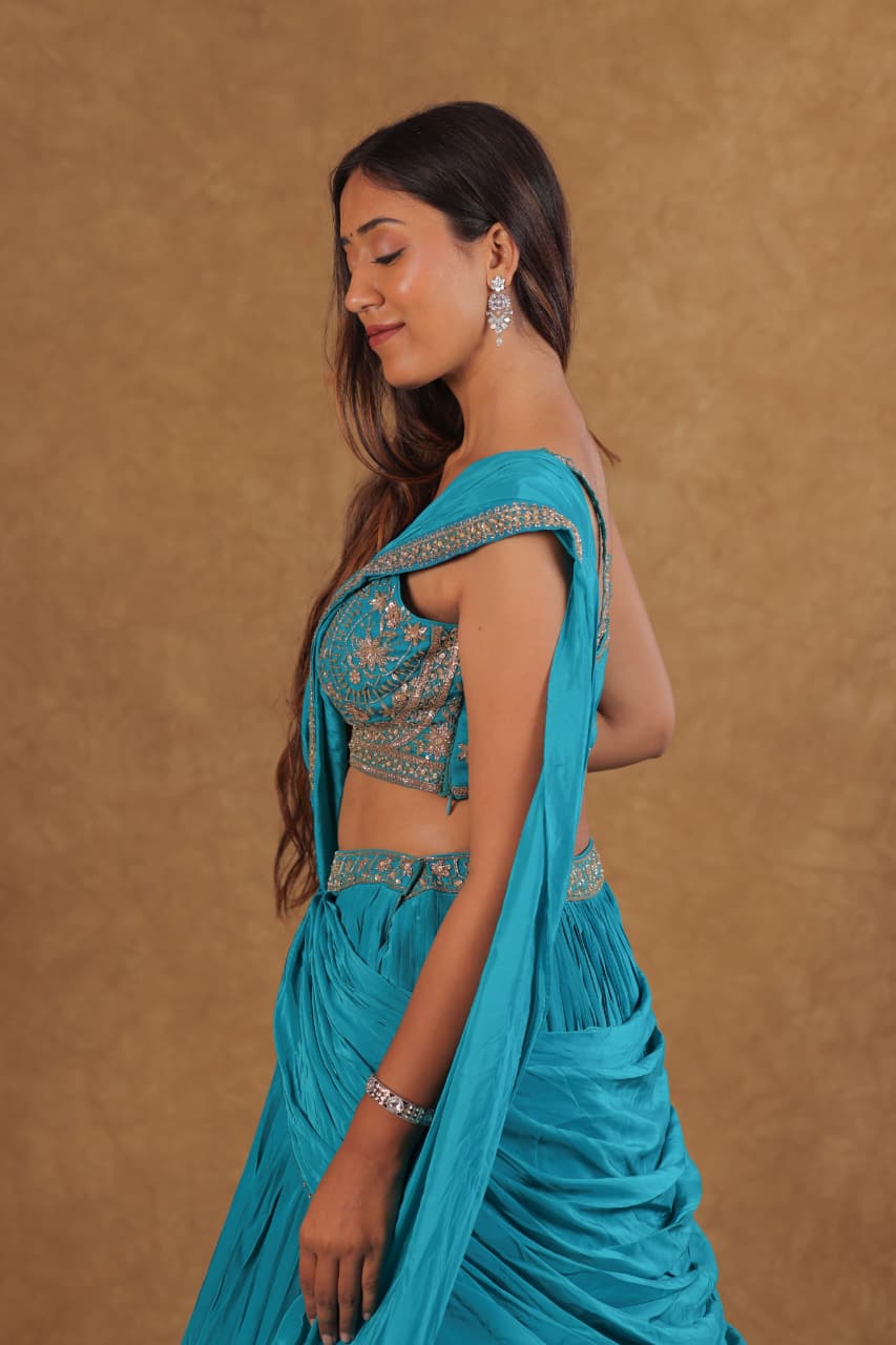 Turkish Blue Crepe Choli Suit with Zardoshi Work