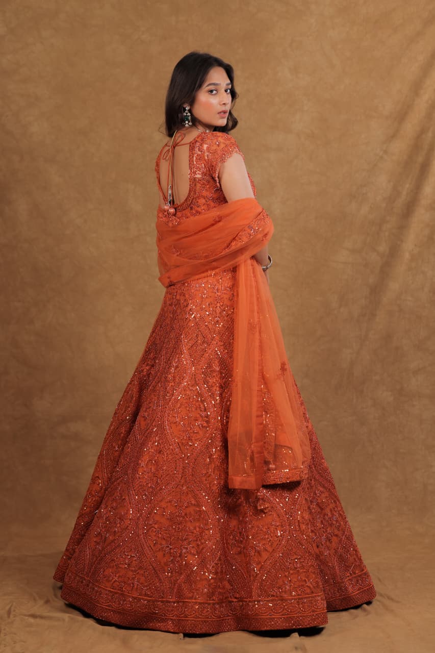 Rust Netted Chaniya Choli with Pearl, Sequence & Diamond Work