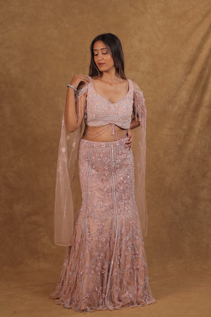 Peach Mermaid Cut Netted Choli suit with Pearl & Beads Work