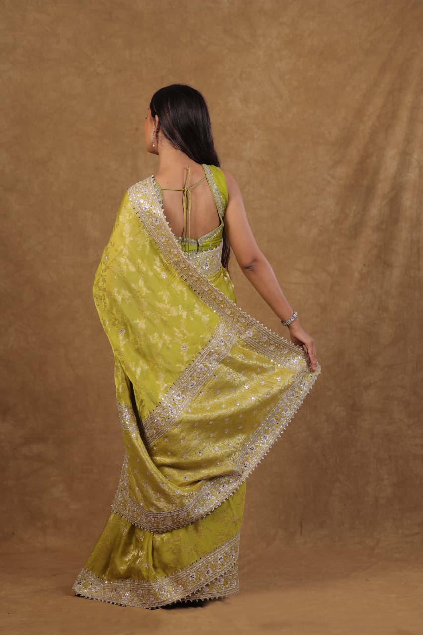 Parrot Green Banarasi Satin Silk saree