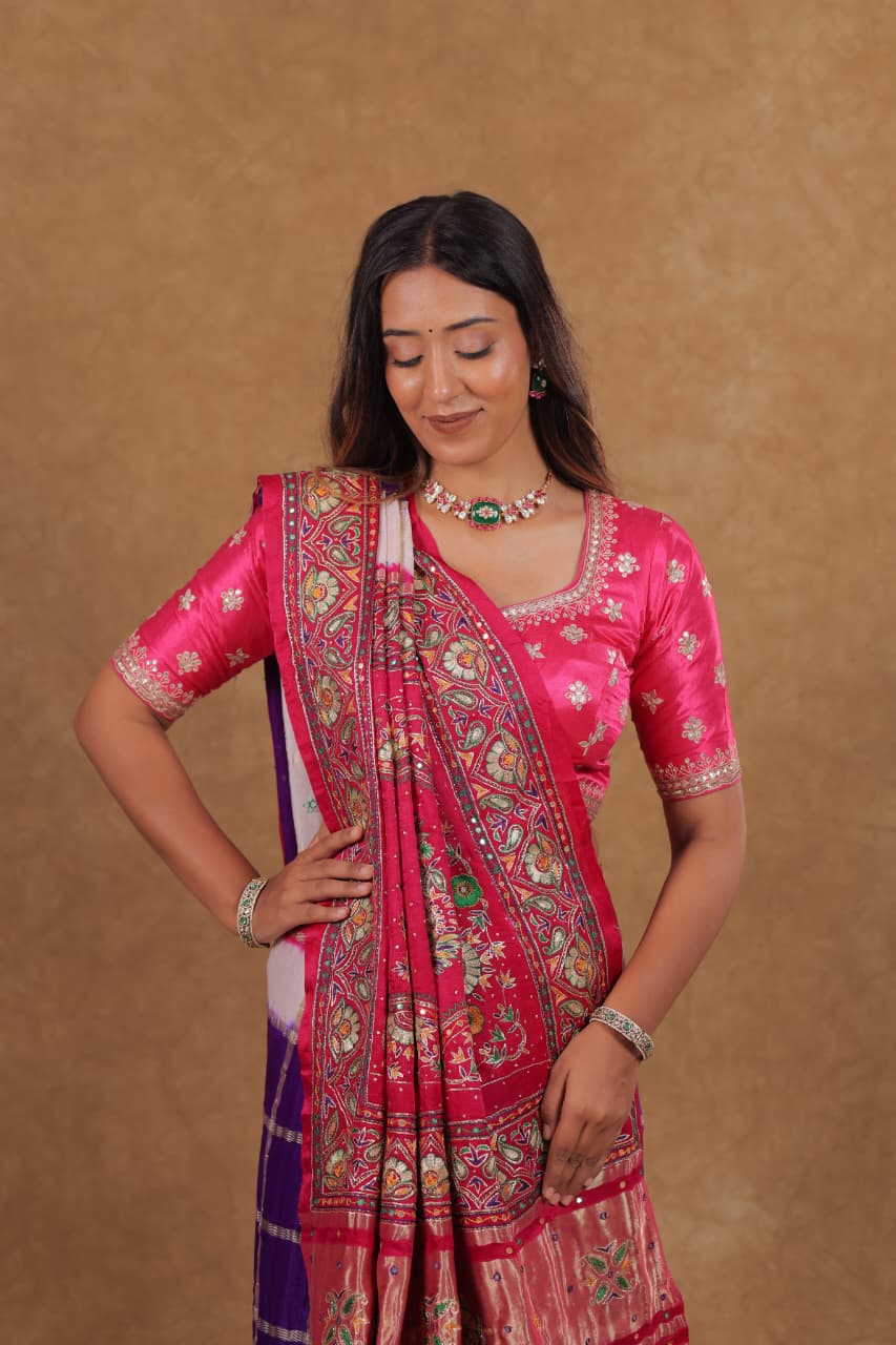 Purple White Rani Gajji Silk saree with Gharchola Mirror Work