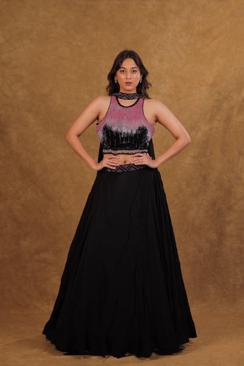 Pink Black Crepe Chiffon Lehenga with Sequence & Pearl Work