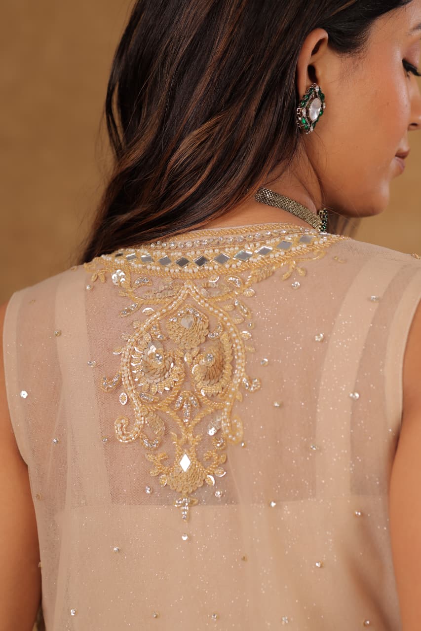 Golden Shimmer Crepe Chiffon Chaniya Choli Set with Handwork