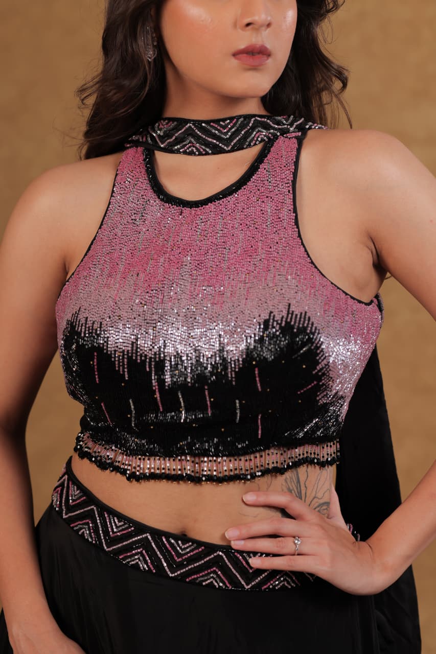 Pink Black Crepe Chiffon Lehenga with Sequence & Pearl Work