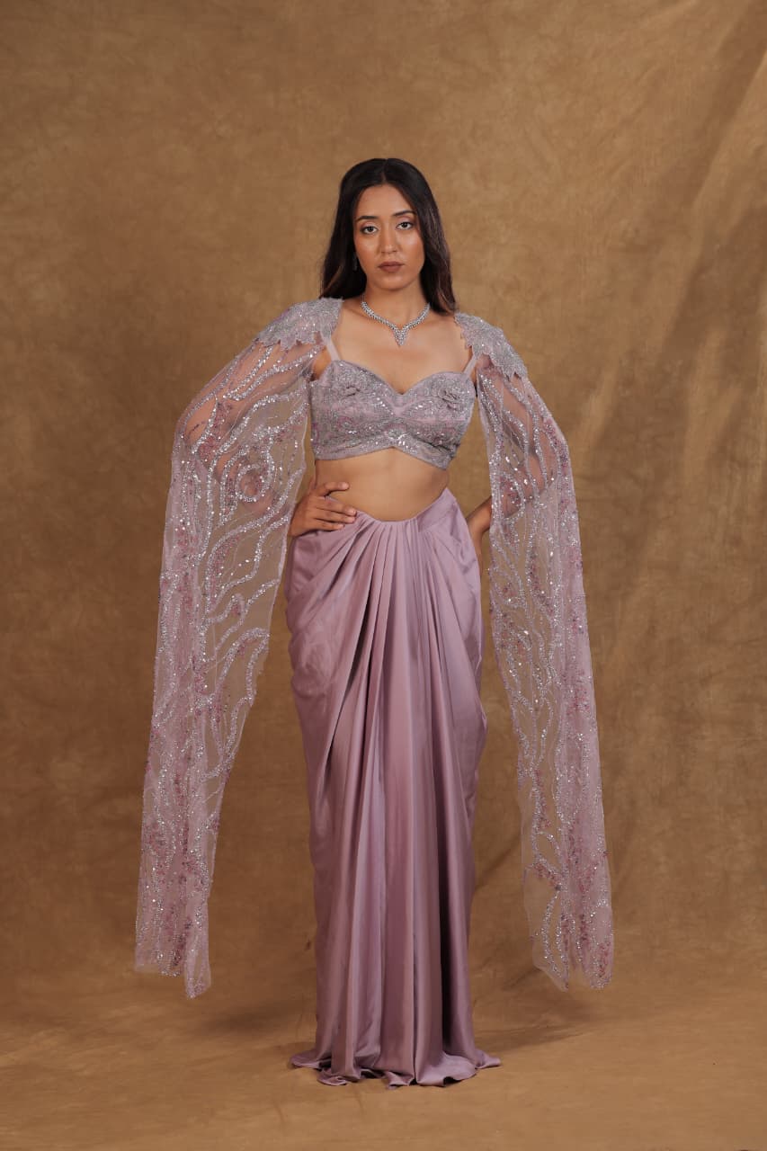 Lavender Luxe: Ready-to-Wear Semo Satin Saree with Sequence Work