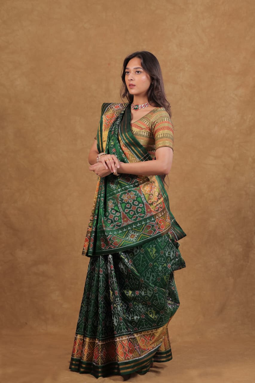 Bottle Green Rajkoti Patola Narikunj Silk Saree