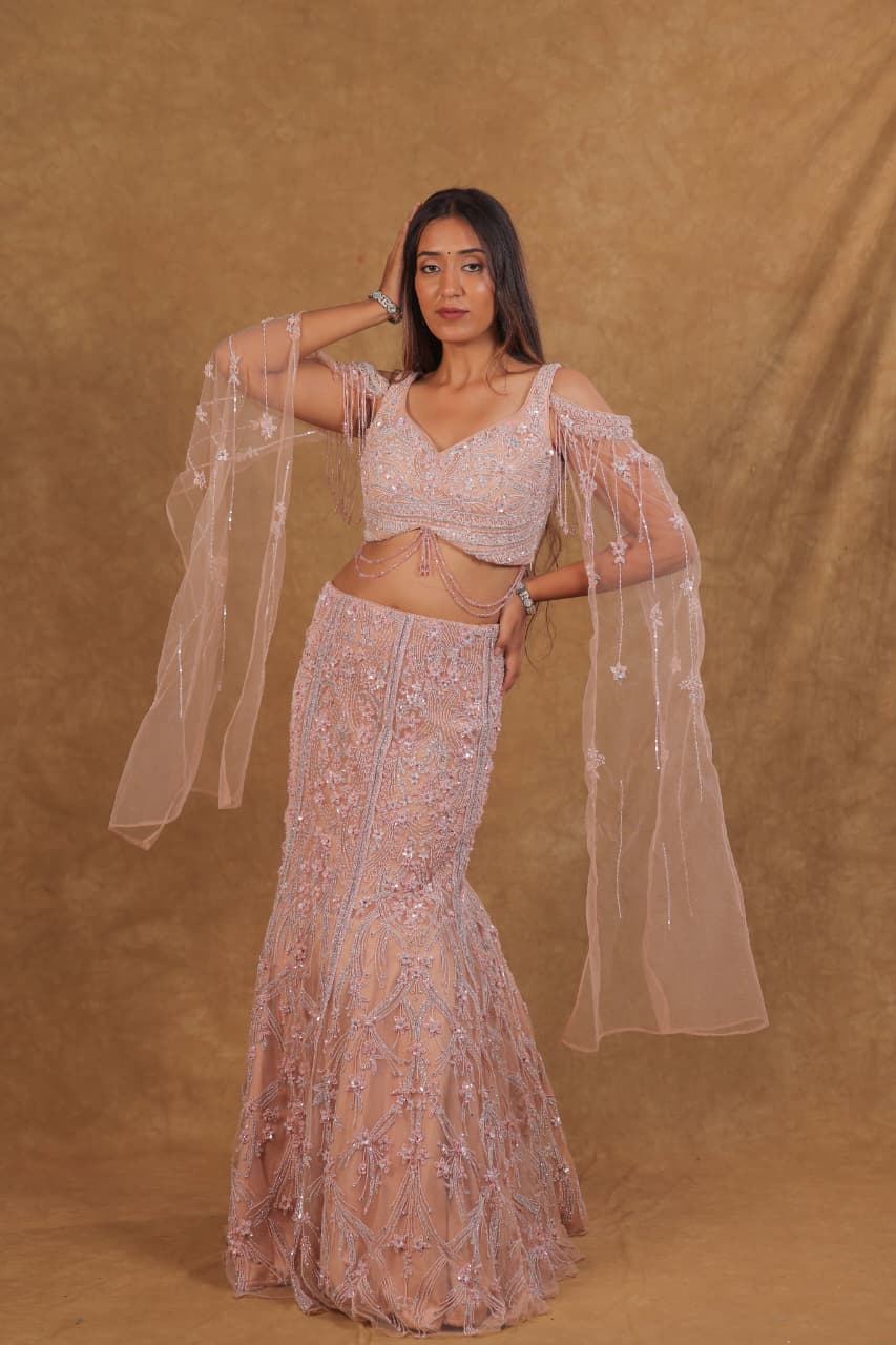 Peach Mermaid Cut Netted Choli suit with Pearl & Beads Work