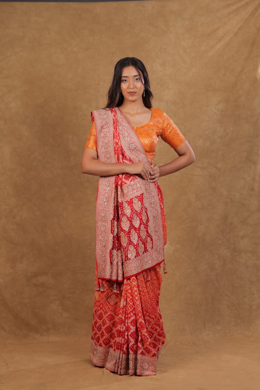 Orange Red Banarasi Bandhej Chinon Saree