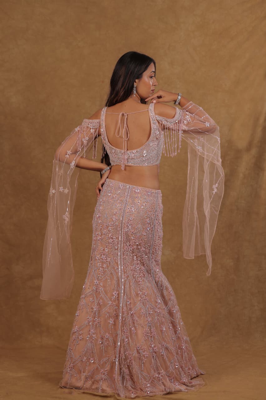 Peach Mermaid Cut Netted Choli suit with Pearl & Beads Work