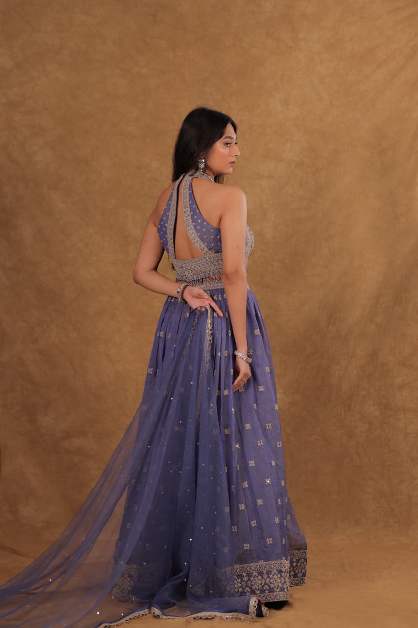 Tissue Crush Lehenga Set with Kasab Pitta Pearl Work