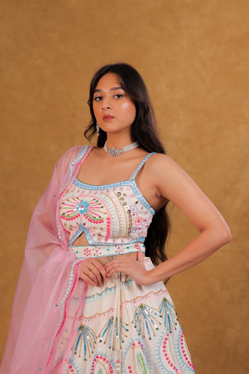 Raw Silk Lehenga with Pearl, Sequence & Diamond Work