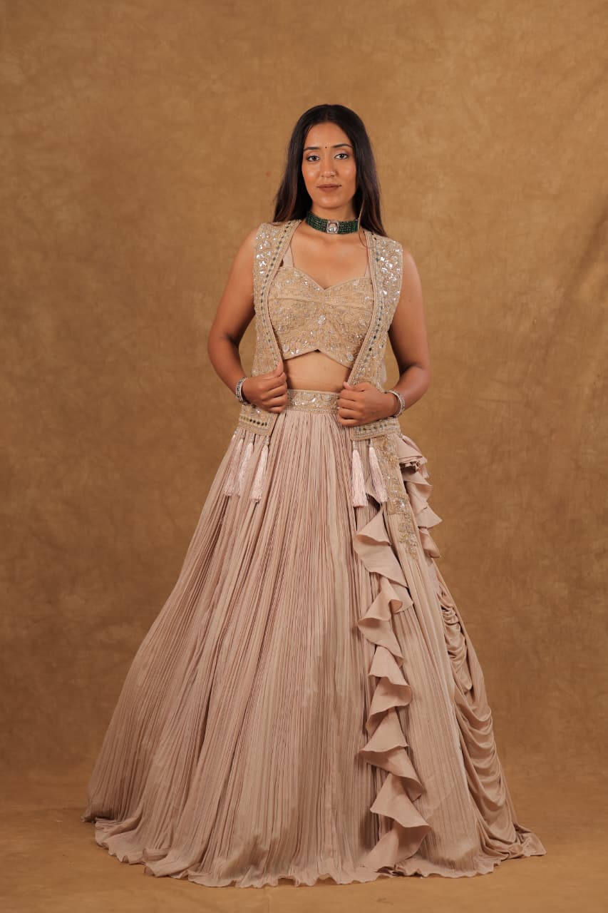 Golden Shimmer Crepe Chiffon Chaniya Choli Set with Handwork