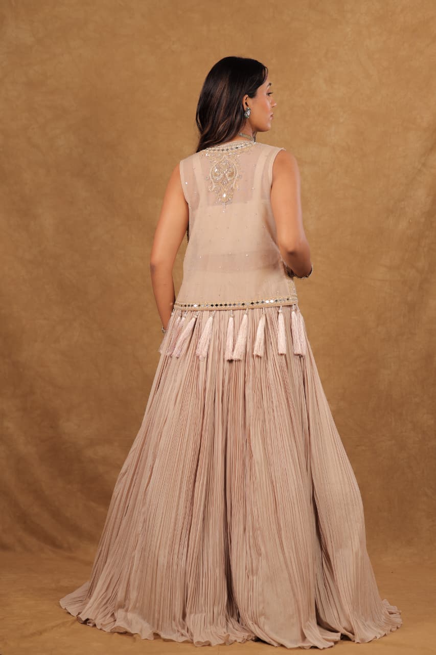 Golden Shimmer Crepe Chiffon Chaniya Choli Set with Handwork