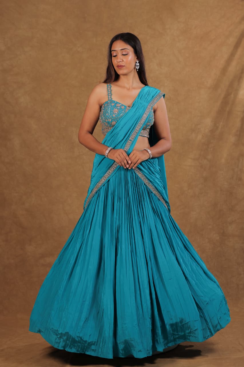 Turkish Blue Crepe Choli Suit with Zardoshi Work