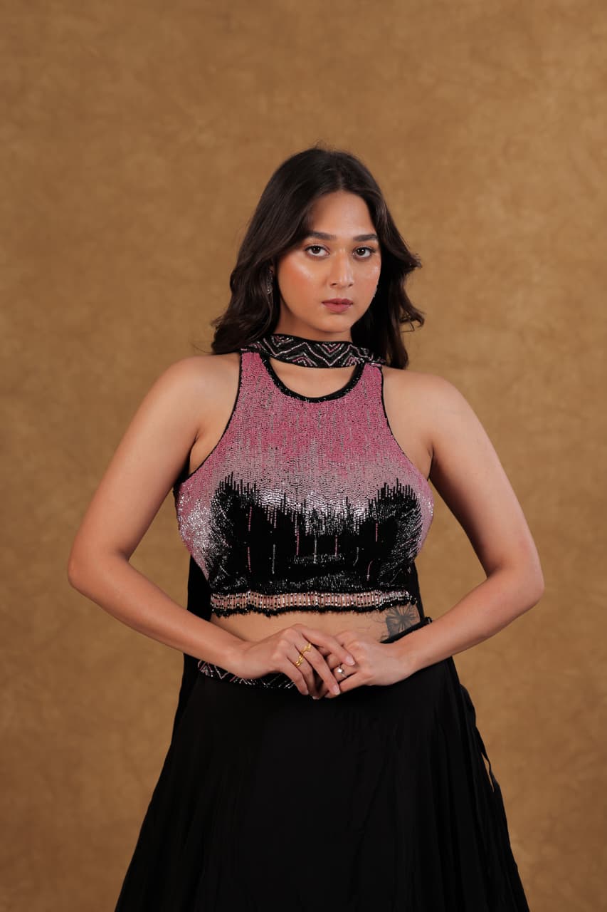 Pink Black Crepe Chiffon Lehenga with Sequence & Pearl Work