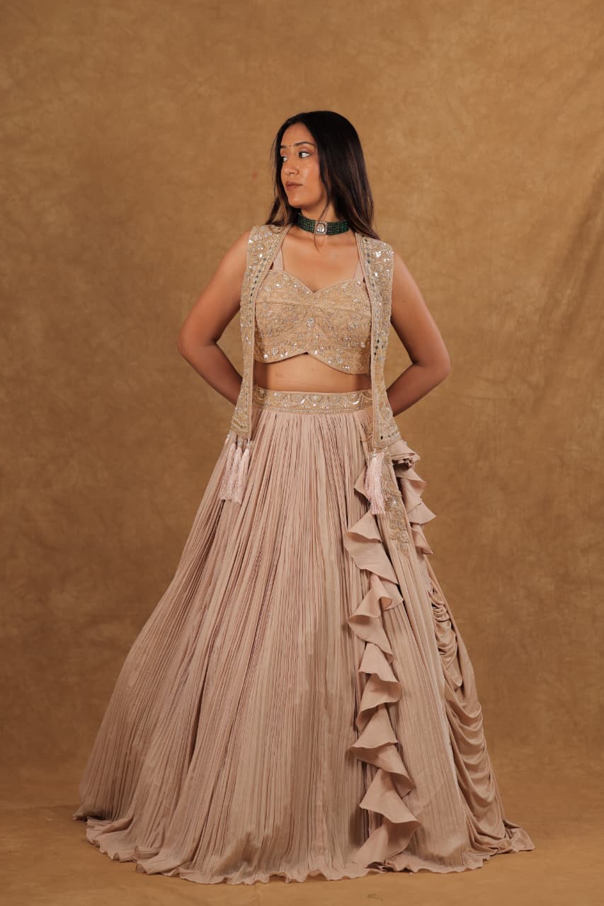 Golden Shimmer Crepe Chiffon Chaniya Choli Set with Handwork