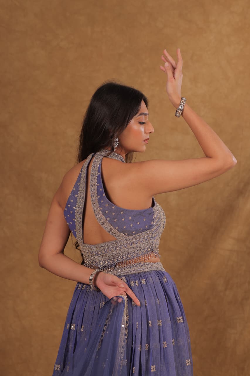 Tissue Crush Lehenga Set with Kasab Pitta Pearl Work