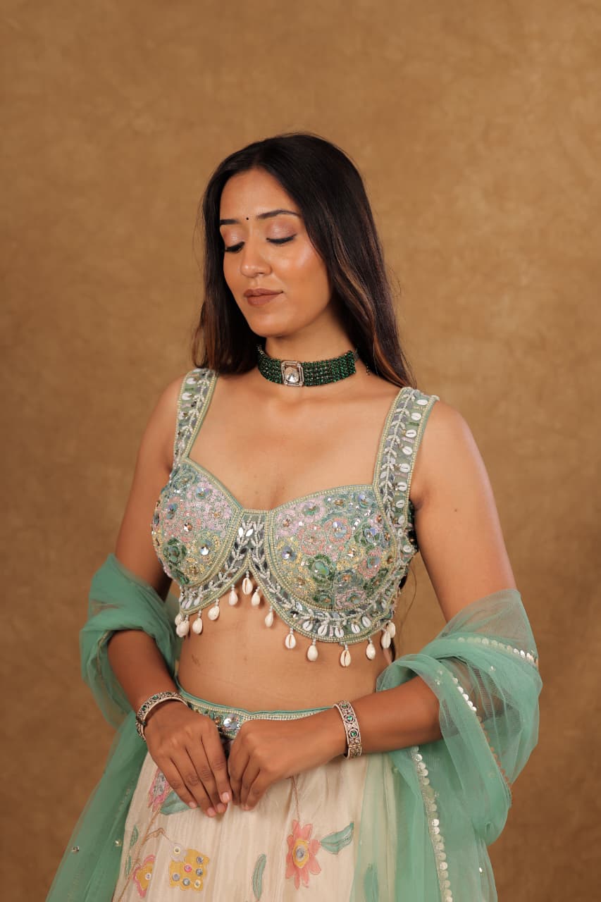 Ivory Pista Green Crepe Chiffon Lehenga with 3D Floral Print and Handcrafted Work