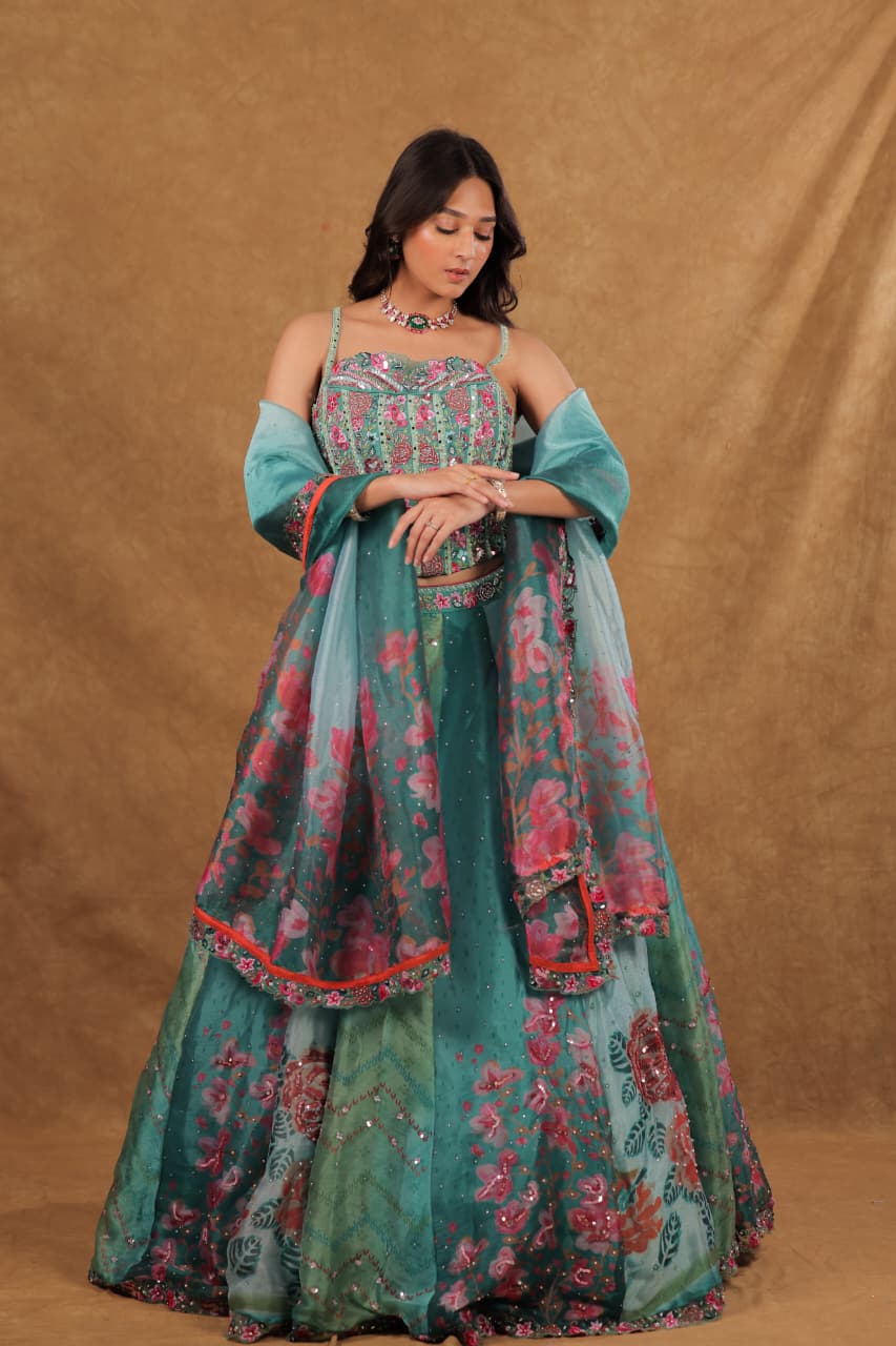 Rama Green Organza Corset Blouse with Printed Chaniya and Dupatta