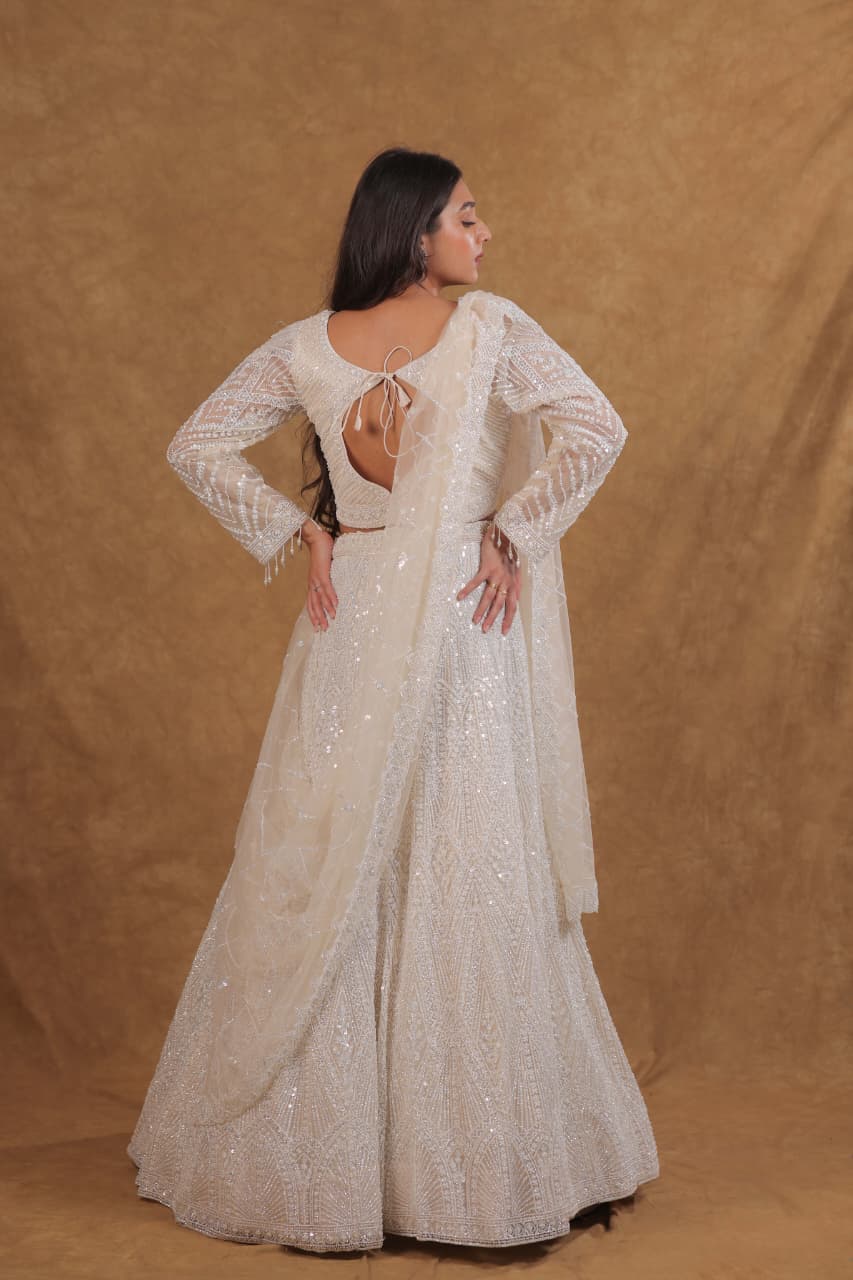 White A-Line Netted Choli Suit with Pearl Work