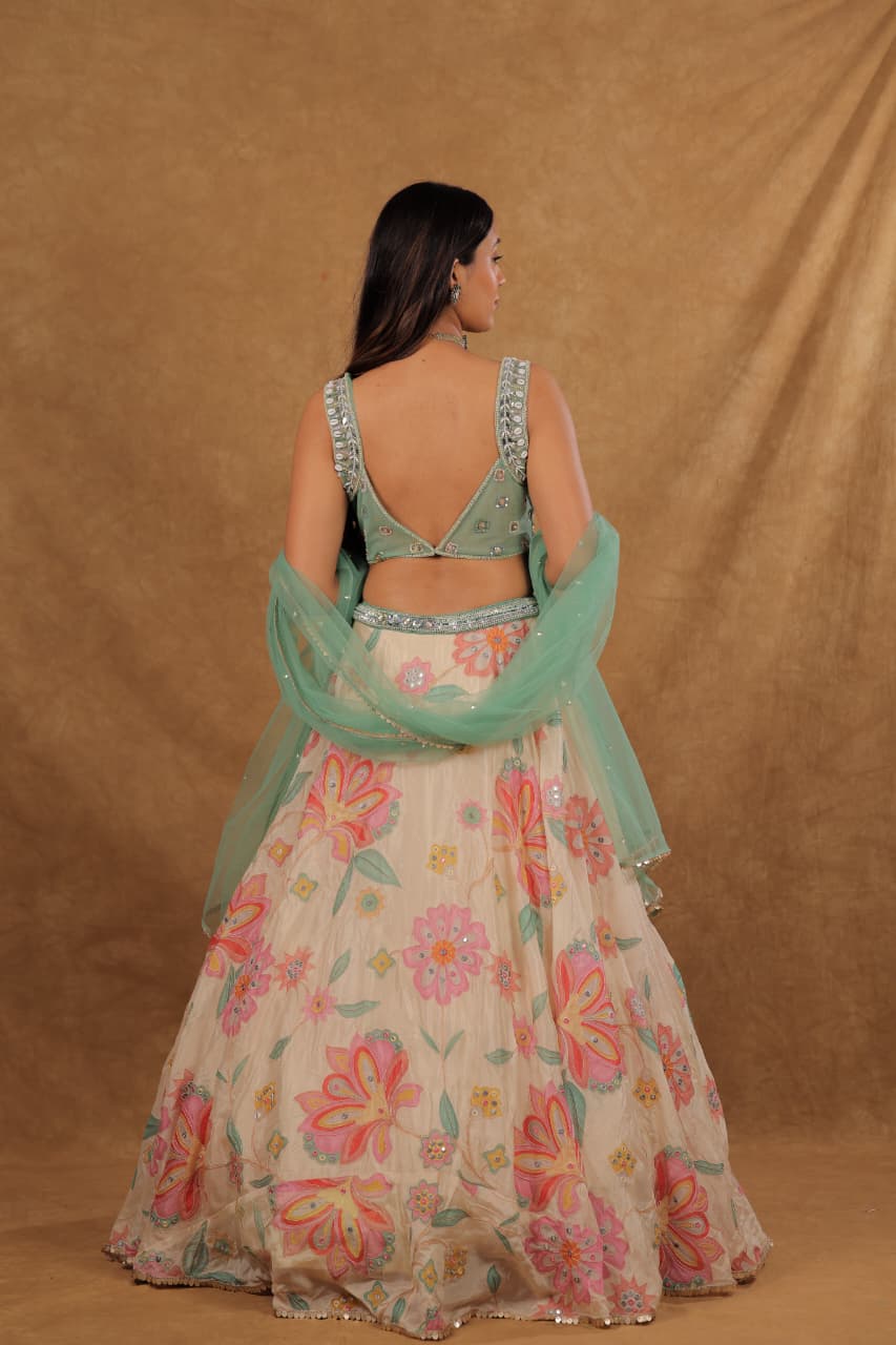 Ivory Pista Green Crepe Chiffon Lehenga with 3D Floral Print and Handcrafted Work