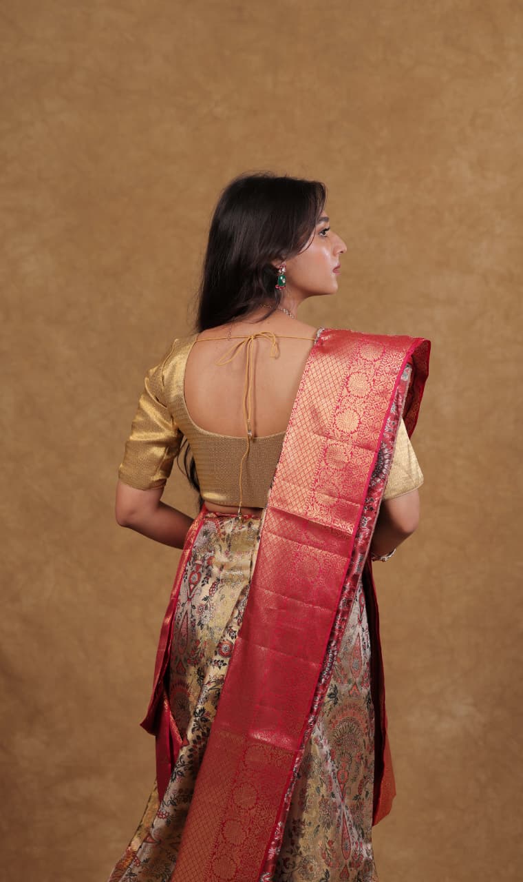 sareeGolden Maroon Zamvar Print Kanjeevaram Tissue Saree