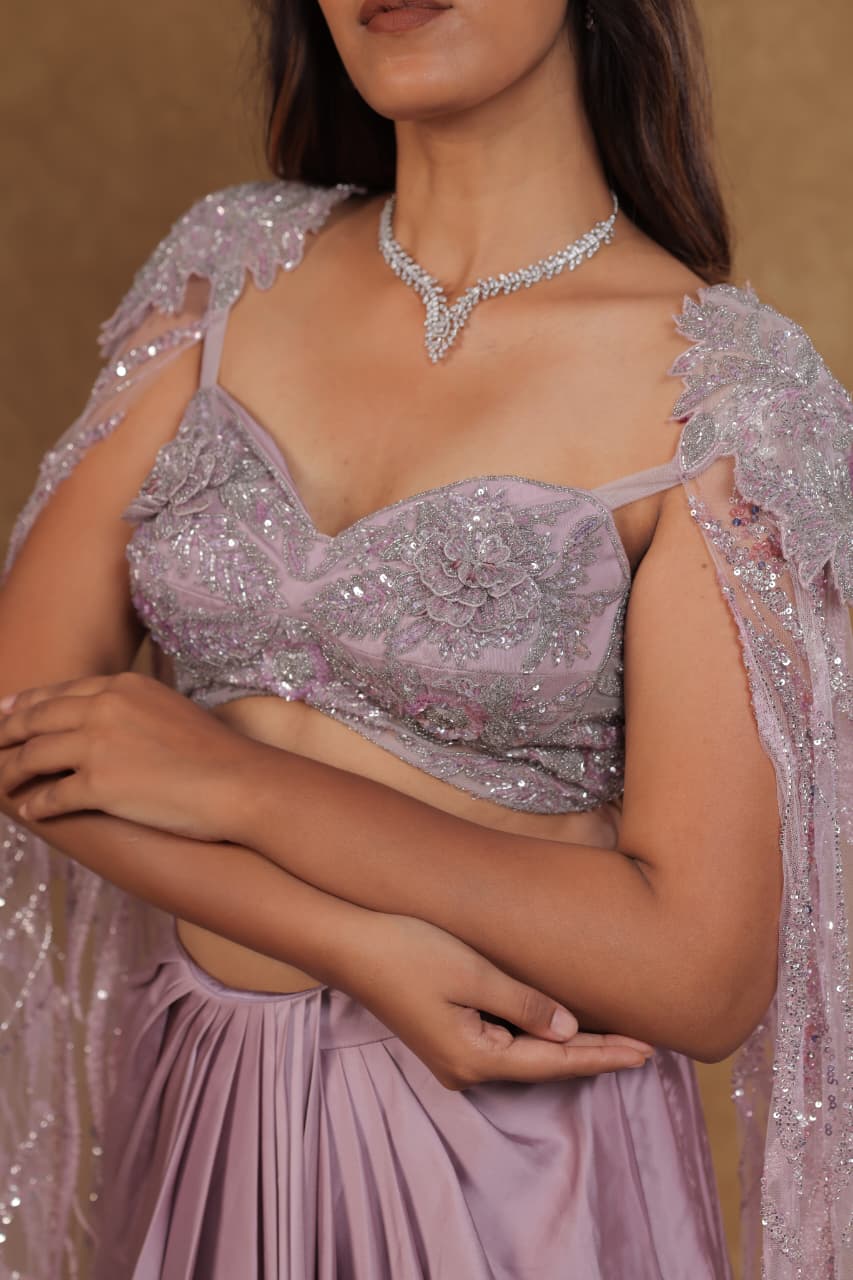 Lavender Luxe: Ready-to-Wear Semo Satin Saree with Sequence Work