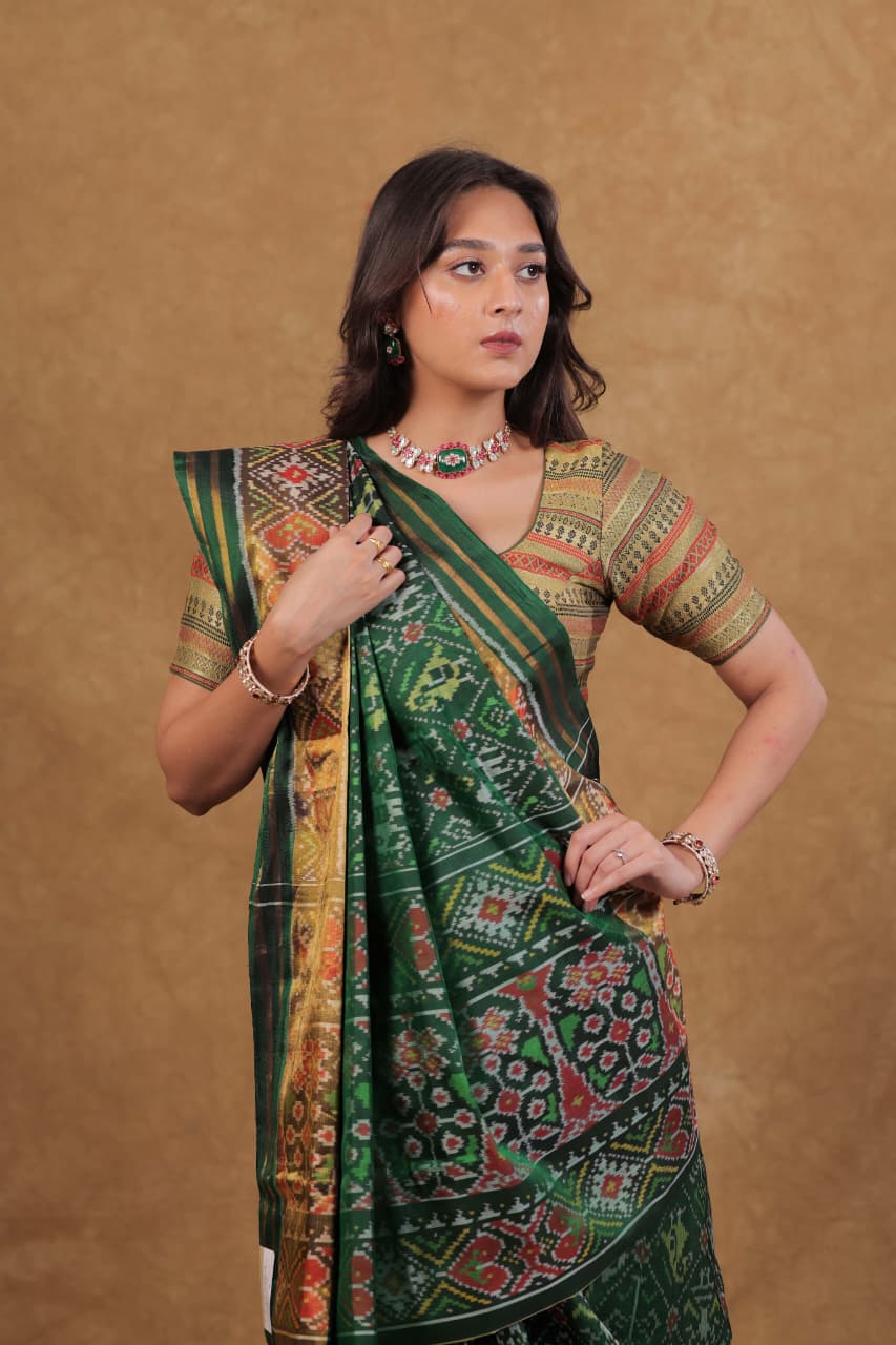 Bottle Green Rajkoti Patola Narikunj Silk Saree