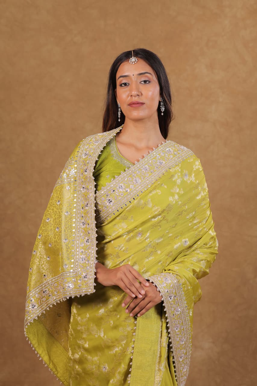 Parrot Green Banarasi Satin Silk saree