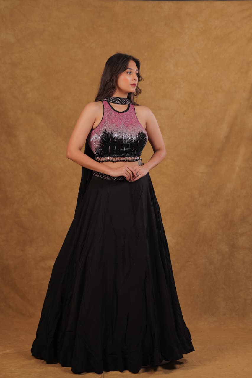 Pink Black Crepe Chiffon Lehenga with Sequence & Pearl Work