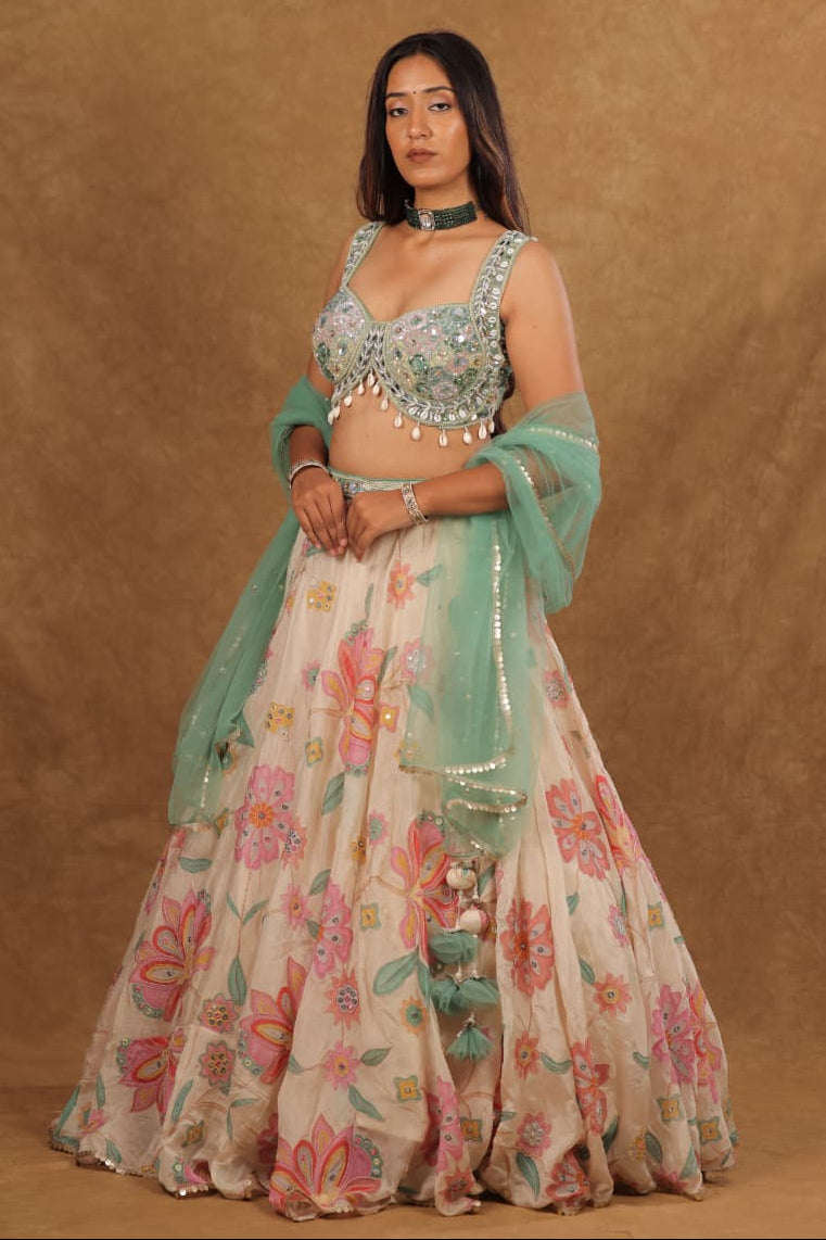 Ivory Pista Green Crepe Chiffon Lehenga with 3D Floral Print and Handcrafted Work