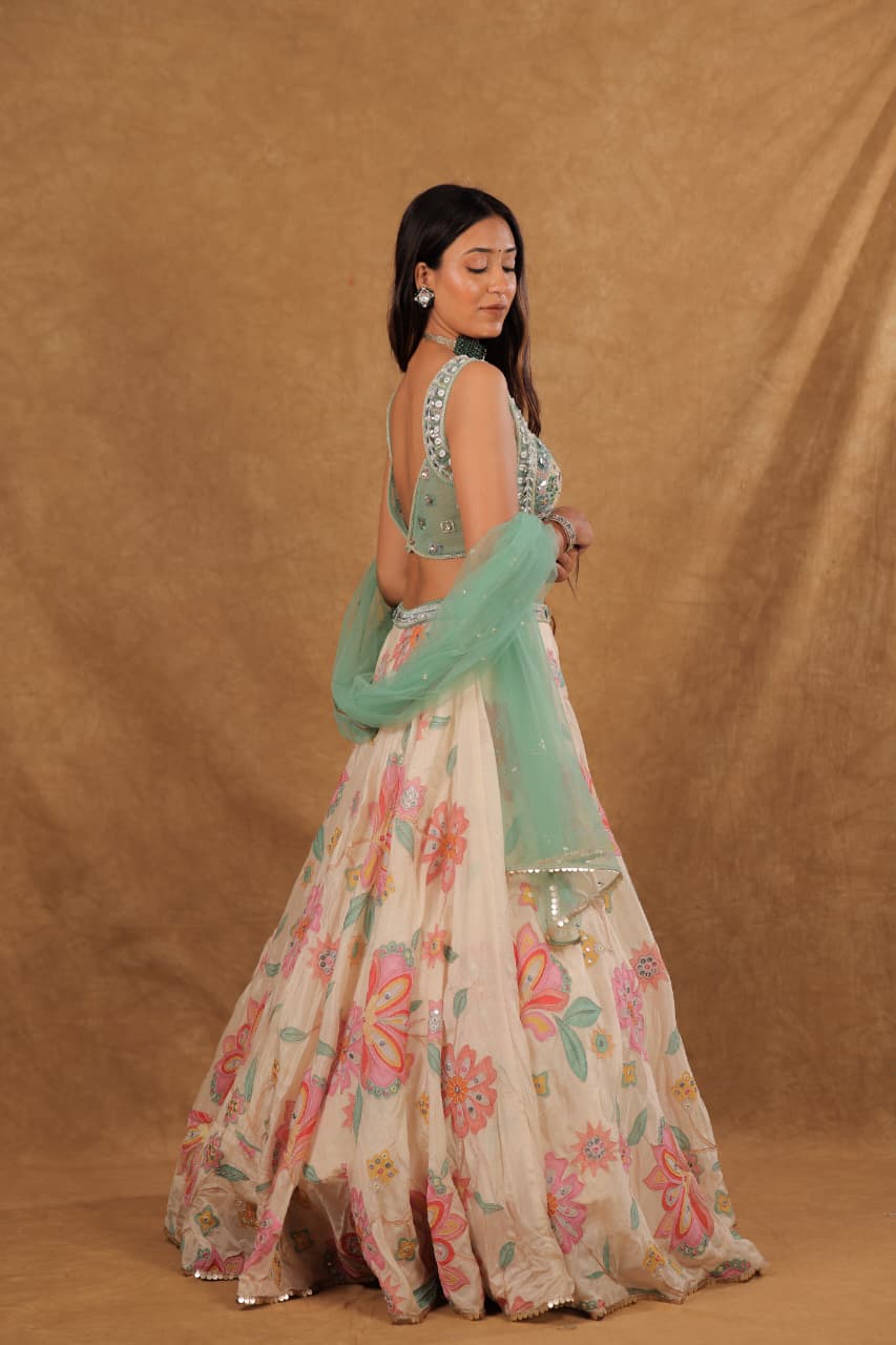 Ivory Pista Green Crepe Chiffon Lehenga with 3D Floral Print and Handcrafted Work