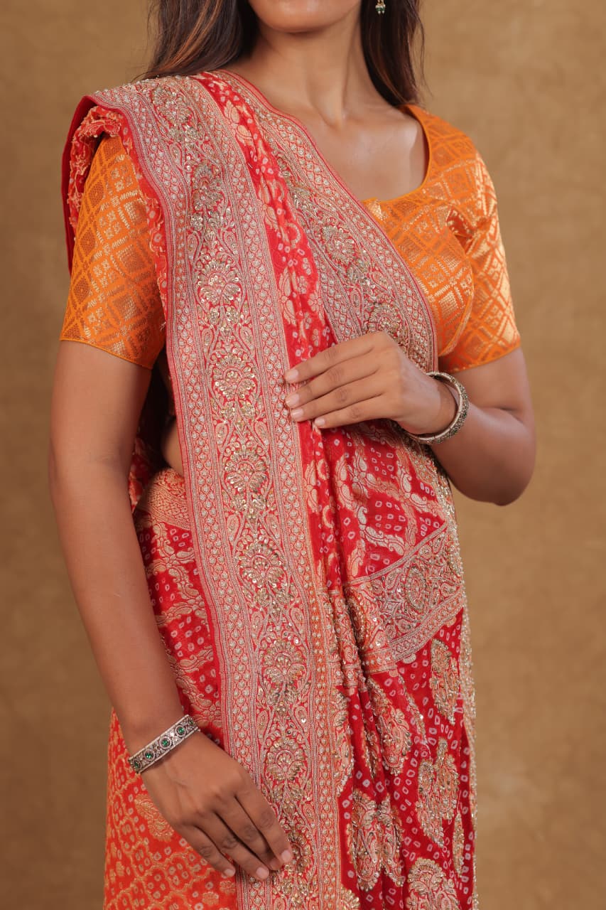 Orange Red Banarasi Bandhej Chinon Saree